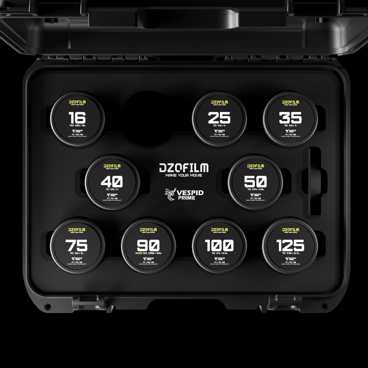 dzofilm-vespid-prime-9-lens-kit.jpg DZOFILM Vespid Prime 16/25/35/40/50/75/90/100/125mm(PL_Black_Case_9pcs_Metric) - Imagen 1